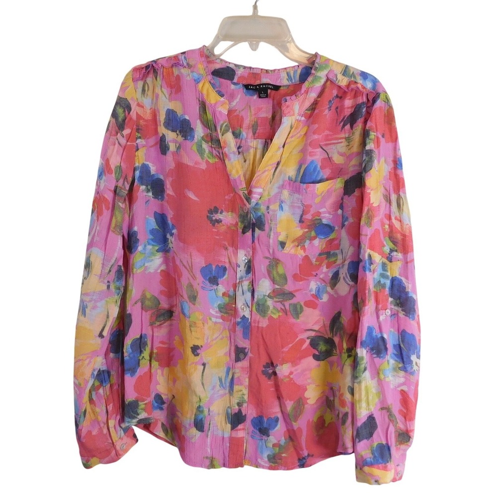 Zac & Rachel Womens Pink Floral Roll Tab Sleeve Button Up Blouse Large Gauze Top